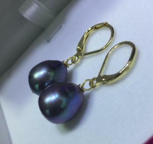 Elegant AAA++ 10-12mm real natural south sea black baroque pearl earrings 14k - Picture 1 of 1