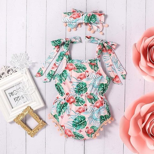 Newborn Baby Girl Clothes Floral Sleeveless Romper Jumpsuit Set And Headband - Picture 3 of 14