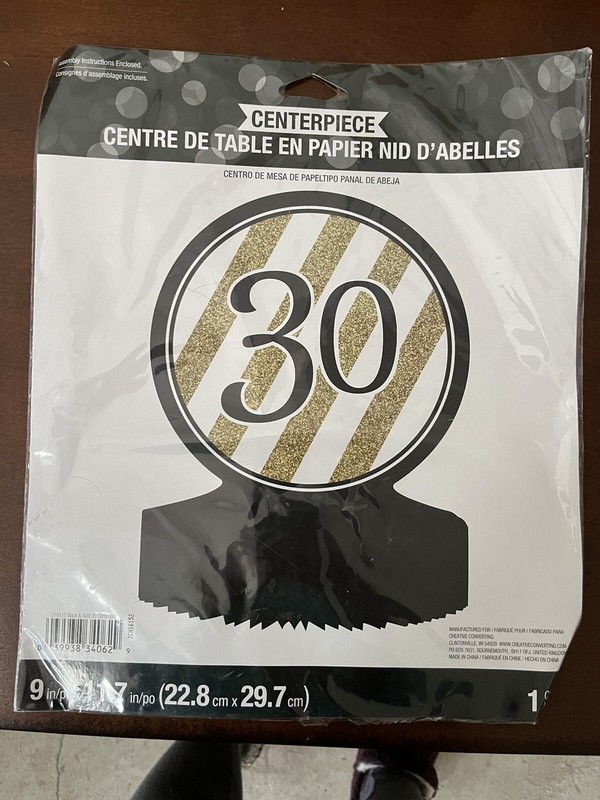 Black and Gold 30th Birthday Honeycomb Centerpiece 12" x 9" Paper Decoration 