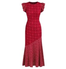Cider Red Mixed Print Maxi Dress Women Medium Ruffle Sleeve Geometric Polka Dot