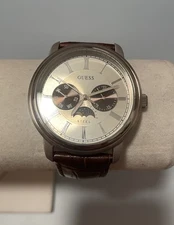 Guess Steel Day Date Sun Moon Silver Watch Brown Leather Strap Water Resistant