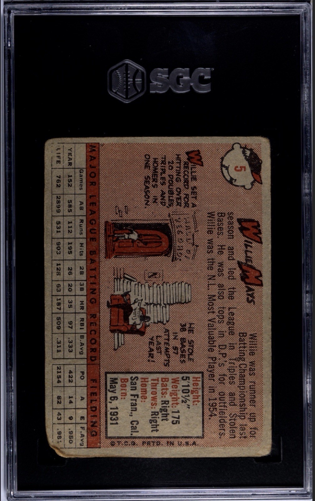 1958 Topps - Willie Mays #5 San Francisco Giants SGC Authentic view 2