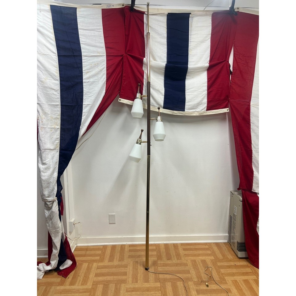 Vintage Tension Pole FLOOR LAMP mid century modern light retro gold glass shade