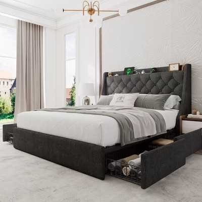 Honfach Full Bed Frame with 4 Storage Drawers, Upholstered Storage Bed with Char