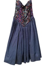 Jessica McClintock Gunne Sax Denim Sequin Vintage 80s Midi Length Dress Size 5/6