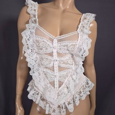 Vintage 80s Pink White Lace Camisole Size M Ruffled Coquette Fairy Nylon