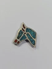 Horse Head Lapel Pin Crushed Blue & Dark Red Tourquise Silver Color Metal