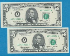 2-$5.00 1963-A BOSTON DISTRICT  CONSECUTIVE FRN  CHOICE NEW PAIR
