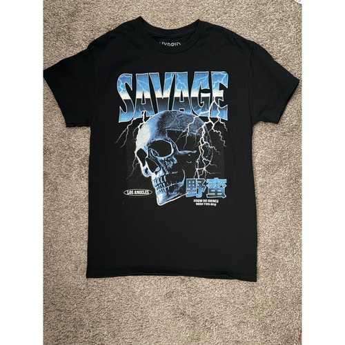 Hybrid Apparel Black Savage Skull Lightning Graphic T-Shirt Size S
