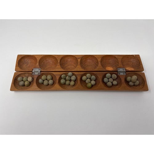 Vintage Wooden Mancala Board Game – Folding Carved Wood with Stones –Travel Game
