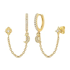 MULA European 925 Sterling Silver Earrings Sparkling Gold Star Moon for Women