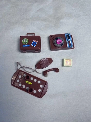 Vtg Barbie Party Accessories Brown Phone Clock Tray/Cups Record Player Suitcase