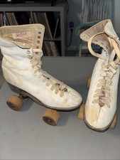 Vintage Chicago White Leather Quad Roller Skates Wood Wheels, Gillish 10  Sole