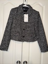 Zara Blazer Women s Sequin S Tweed Cropped Jacket Black Silver Boucle Party XS