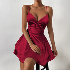 Women's Spaghetti Strap Satin Dress, V-Neck A-Line Flowy Mini Party Dress
