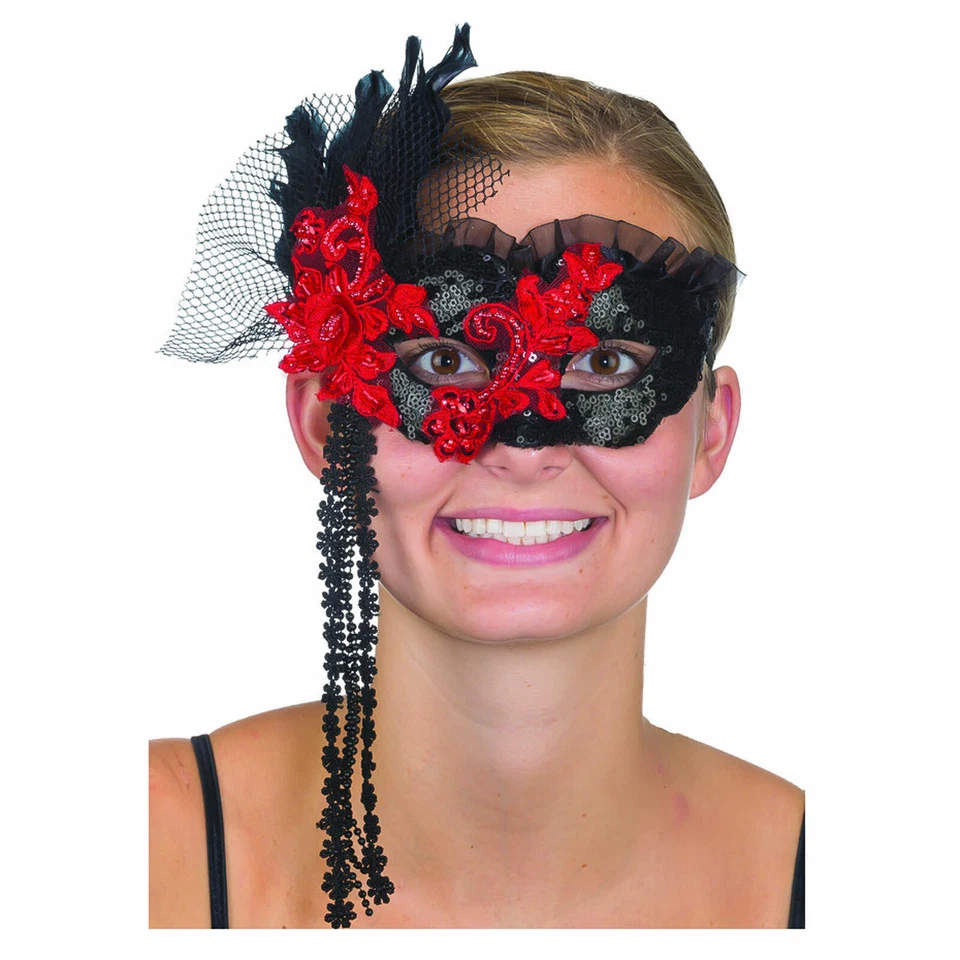 Adult Black Red Feather Lace Masquerade Spanish Flamenco Halloween Costume Mask - Image 2 of 2