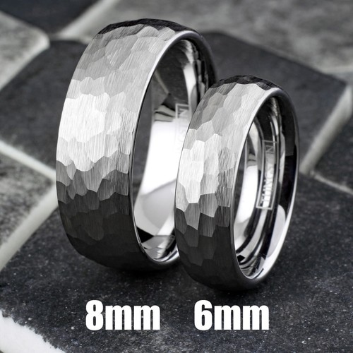 Engraved 8mm Silver Tungsten Hammered Brushed Finish Men's Wedding Band Ring - Picture 2 of 10