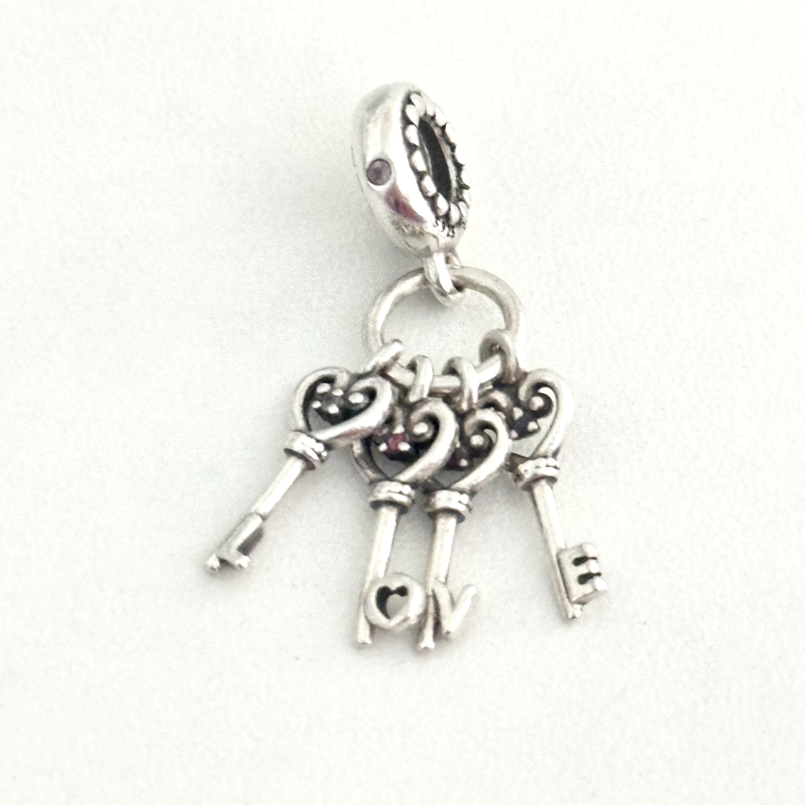 Pandora Sterling Silver Keys Of Love CZ Retired Heart Scroll Bead Dangle Charm