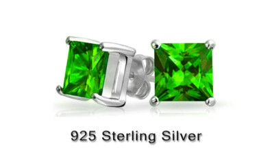 925 Sterling Silver Princess Cut Emerald Cubic Zirconia Stud Earrings Women's