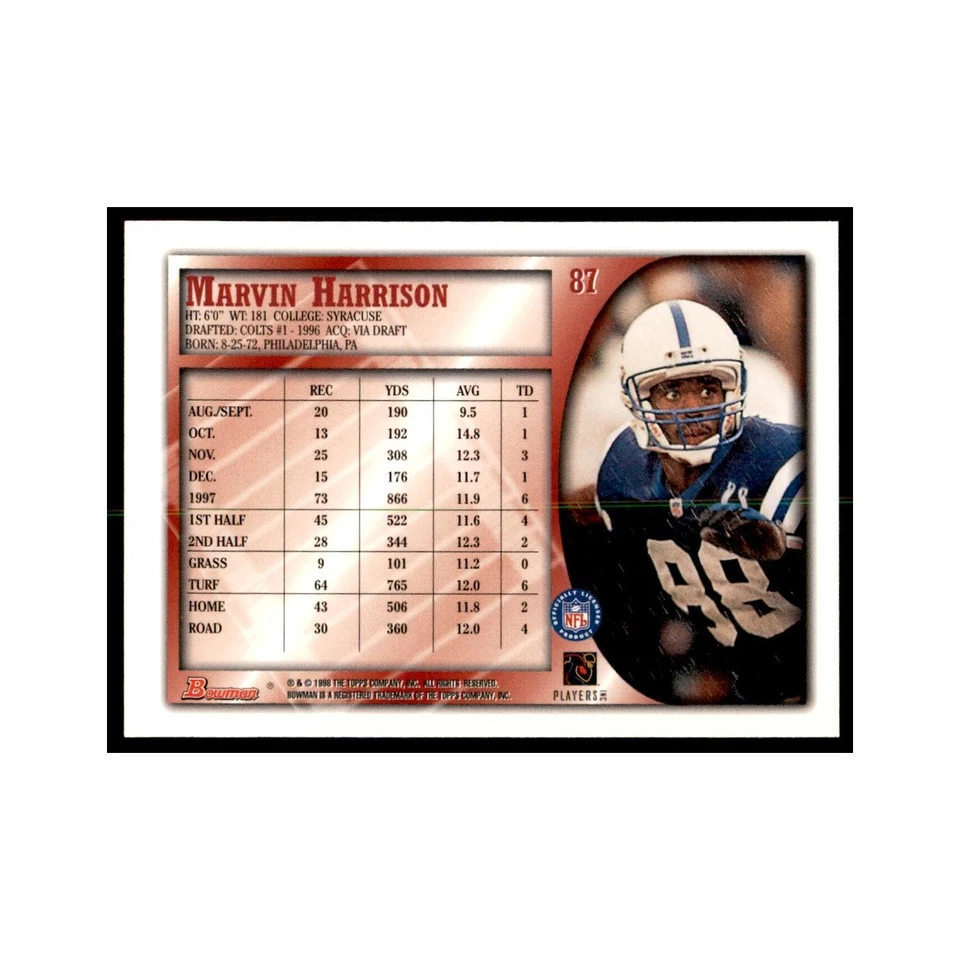 1998 Bowman Marvin Harrison Football Cards #87 - Image 2 of 3