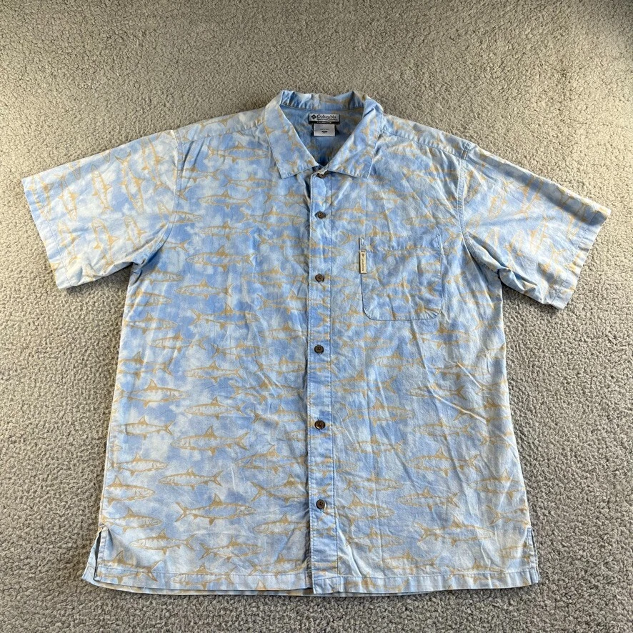 NEW Columbia Shirt Mens Extra Large Blue Button Up Fishing All Over Print Casual