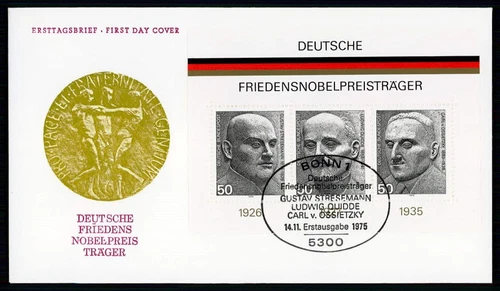 GERMANY FDC 1975 BLOCK NOBEL PRIZE FIRST DAY COVER FIREDENS-NOBELPREIS xa33