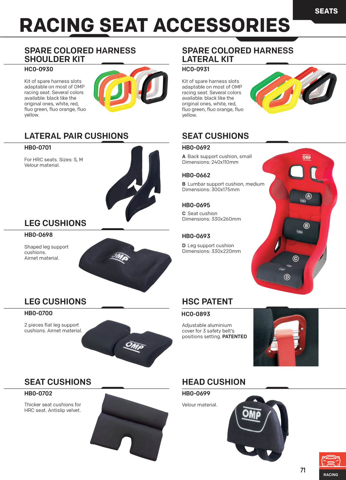 HB/700 OMP RACING 2-PIECE FLAT LEG SUPPORT CUSHION FOR RACE & RALLY BUCKET SEATS