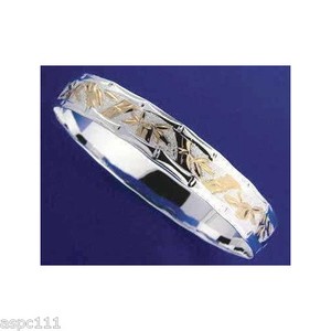 Authentic SILVER 925 HAWAIIAN BANGLE BRACELET BAMBOO 12MM YELLOW GOLD PLATED 2 TONE