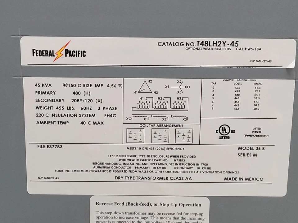 Transformador reductor Federal Pacific 480V P 208Y/120 S 3PH T48LH2Y-45 45 KVA Foto 2 de 4