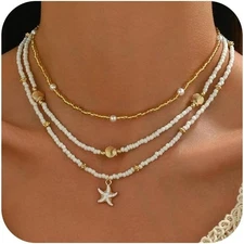 Shell Starfish Necklace for Women, 14k Gold Plated Boho Layered Beaded Charm... 