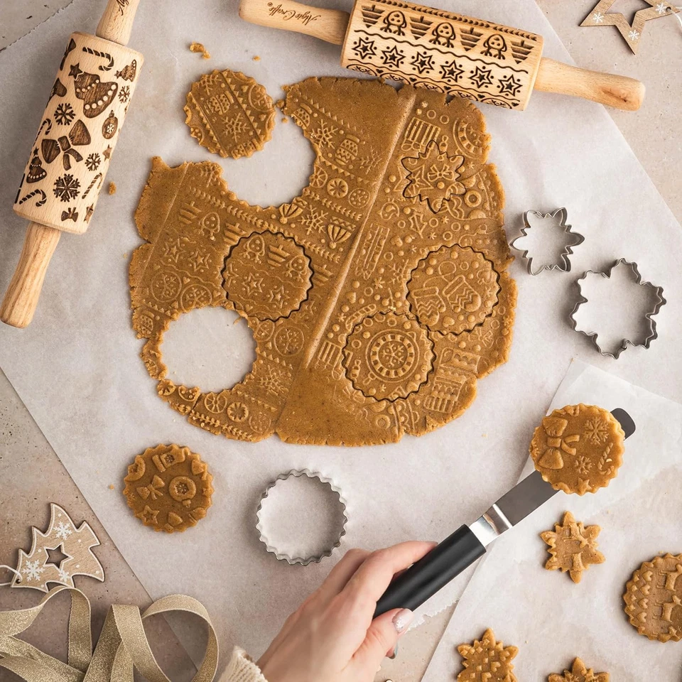 CHRISTMAS FUN 3 Kid Rolling Pin Set. Wooden Laser Cut Embossing Cut Mini Rolling - Image 3 of 4