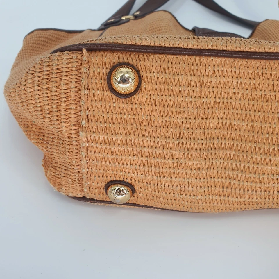 Michael Kors Neutral Straw Tote Bag Brown Leather Trim Gold Hardware Resort - Image 4 of 4