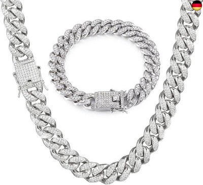 Mens Cuban Link Chain Silver Miami Cuban Necklace Bracelet Bling Diamond Chain