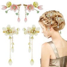 2 Pair Flower Hair Clips Lotus Tassel Hairpin Vintage Floral Hair Decoration