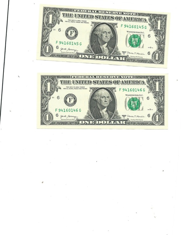 Collectible! 2017A  2 x $1's consecutive serial numbers -FREE USA SHIPPING!