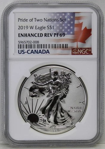 2019 W Pride of Two Nations Enhanced Reverse PF69 American Silver Eagle