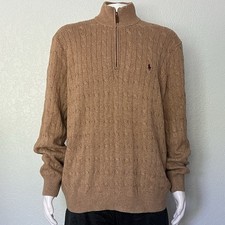 Polo Ralph Lauren Cable Knit Preppy Quarter Zip Sweater Tan Mens Large Cotton