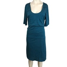Prana Teal Blue Knit Midi Dress 3/4 Sleeve Scoop Neck Ruching Size XL