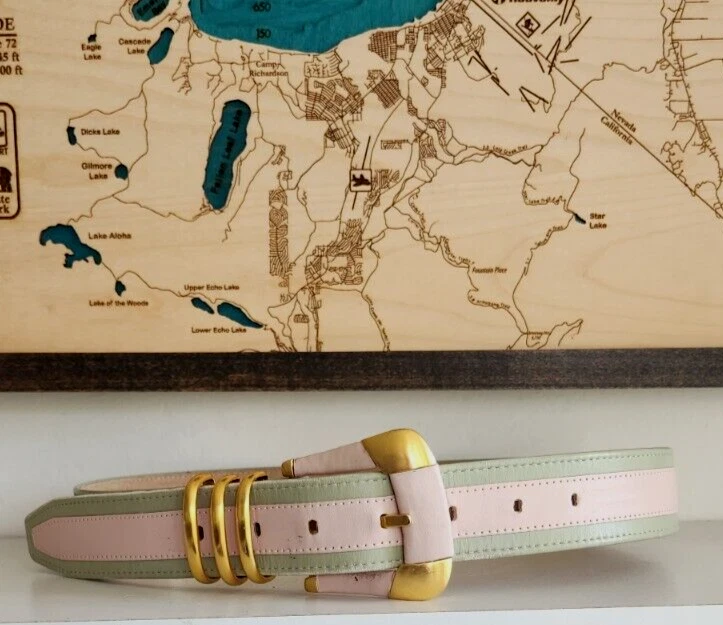 Cinto de ferragens vintage Carlisle couro genuíno listra rosa/verde dourado tamanho P-M - Imagem 4 de 4