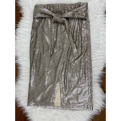 NWT Express Women's Size XS White Gold Sequin Faux Wrap Midi Pencil Skirt 