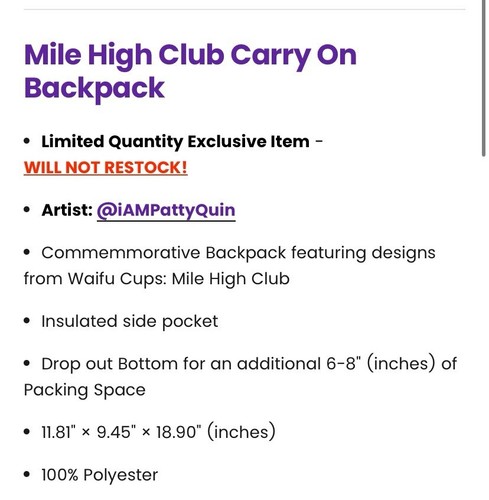 Gamer Supps Waifu Cups - Mile High Club - Backpack - Sold Out! - Picture 4 of 7