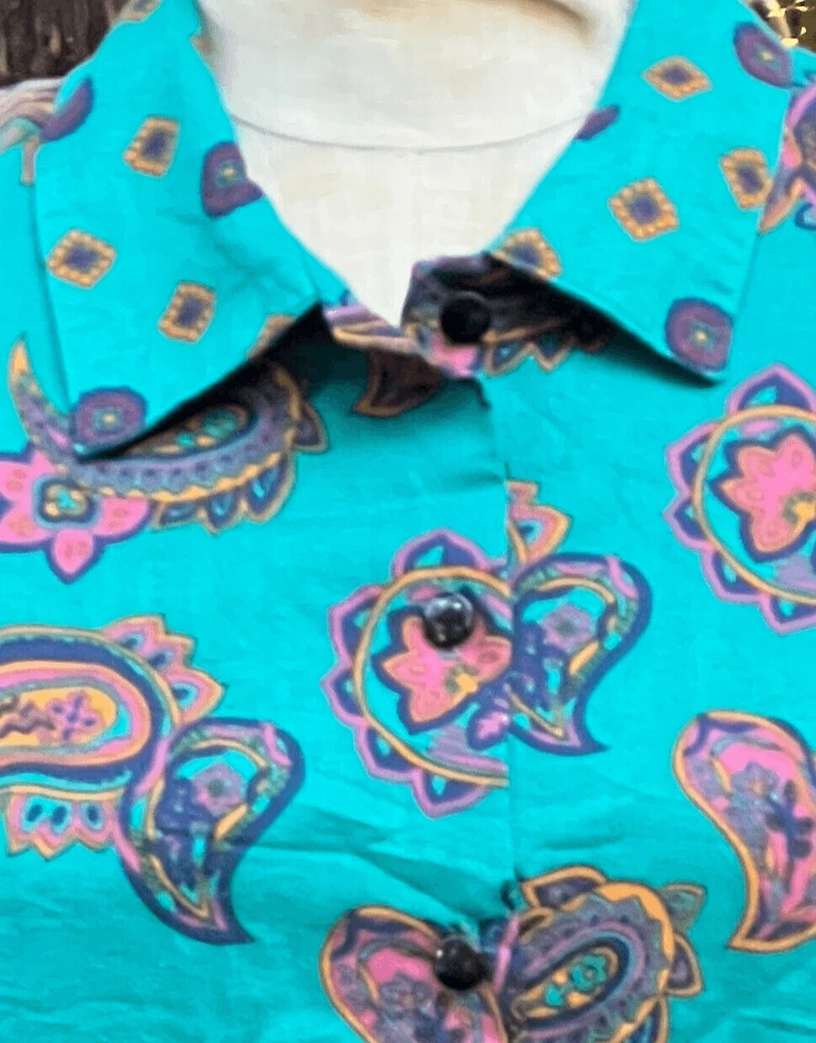 Combinations Vintage Button Up Teal Paisley Blouse L - Image 2 of 4