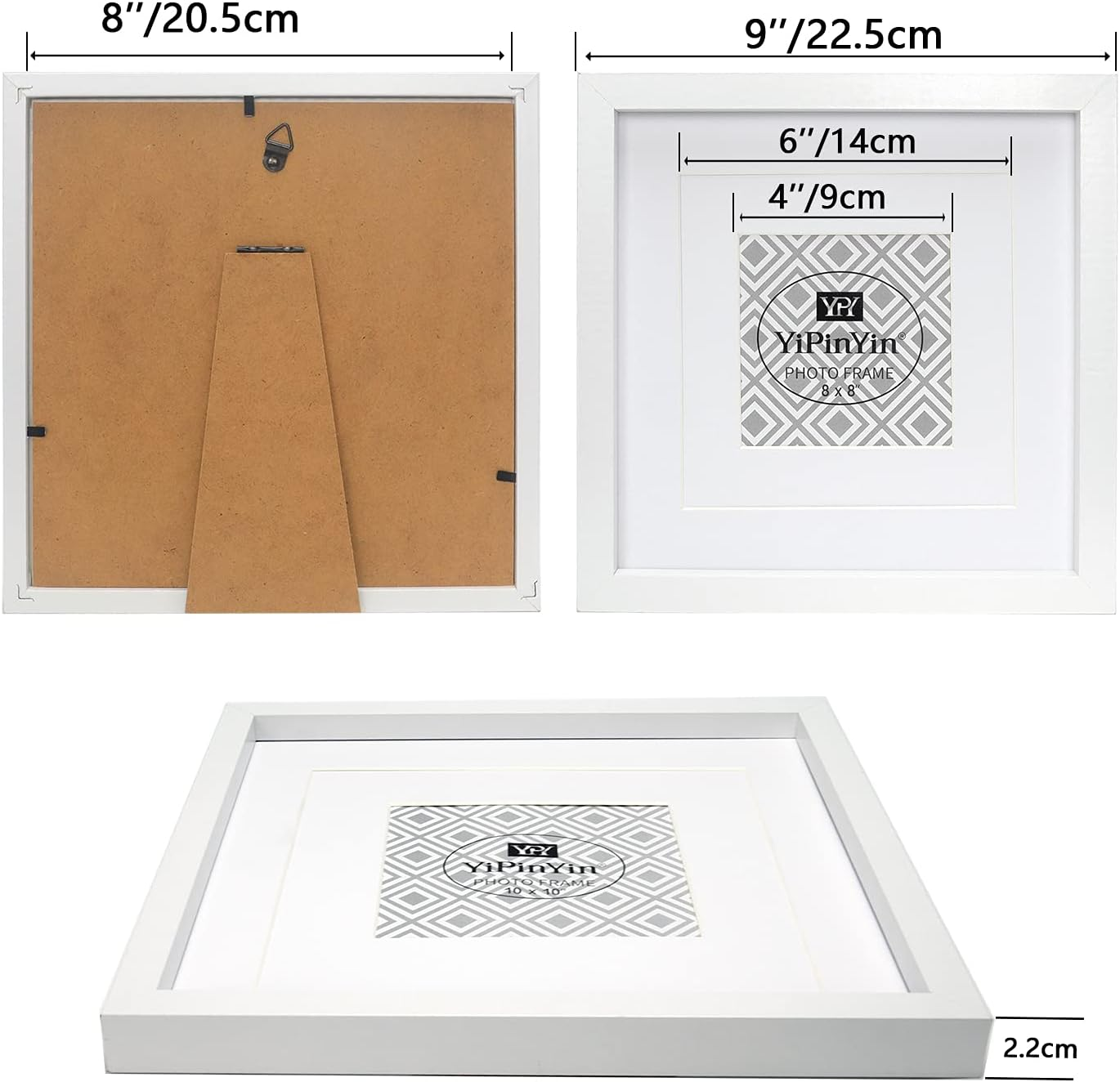 8 X 8 ''(20 X 20Cm) Square White Photo Frames Set of 3 with Double