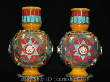 7.6 "Old Tibet Buddhism Silver Beeswax inlay turquoise eight treasures Vase Pair