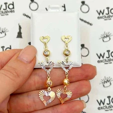 14K Gold Tri-Color Double Heart Stone Drop Earrings 35mm