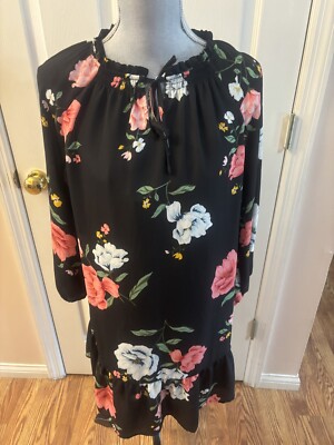 black floral dress old navy Black Plus Size Floral Print Tie Neck Cinched Waist Long Sleeve Mini Dress Black / 3X / 100%Polyester by Blue Zone Planet