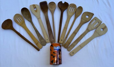 HUGE LOT 12 Estate Antique Vintage Wood Wooden Farmhouse Kitchen Spoons Utensils