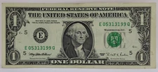 Repeater 3131 Fancy Serial Number One Dollar Bill E05313199Q Pair 9s together