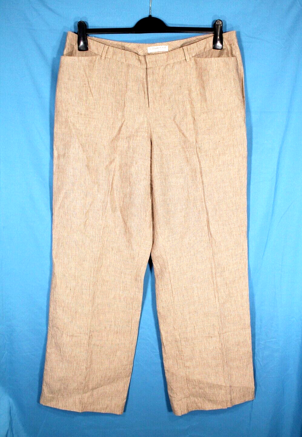 COLDWATER CREEK Tan w/White PINSTRIPE Pockets WIDE LEG Natural Fit LINEN Pant 16