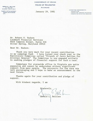 ''65th Governor of Virginia'' Gerald Baliles Hand Signed TLS Dated 1981